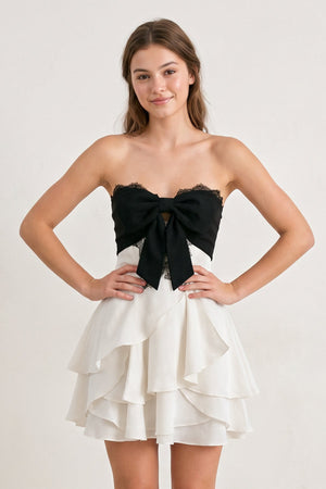White-Black Sweetheart A-Line Ruffled Chiffon Homecoming Dress with Bow | KISSPROM