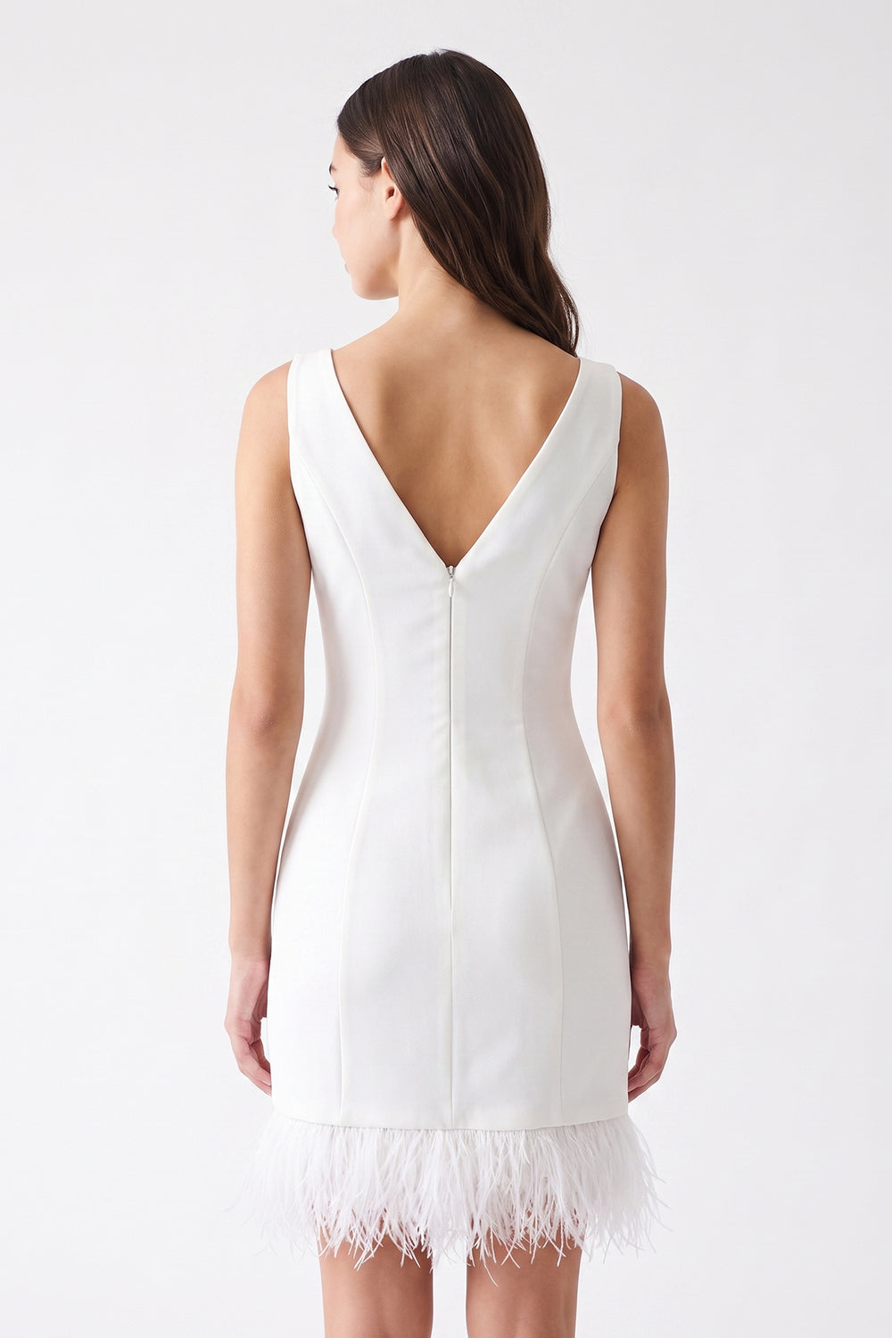 White Boat Neck Mini Graduation Dress With Feather - KissProm