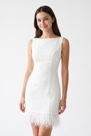 White Boat Neck Mini Graduation Dress With Feather - KissProm