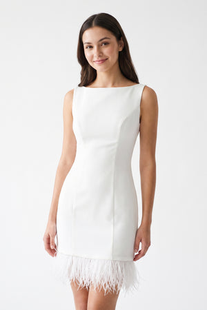 White Boat Neck Mini Graduation Dress With Feather - KissProm