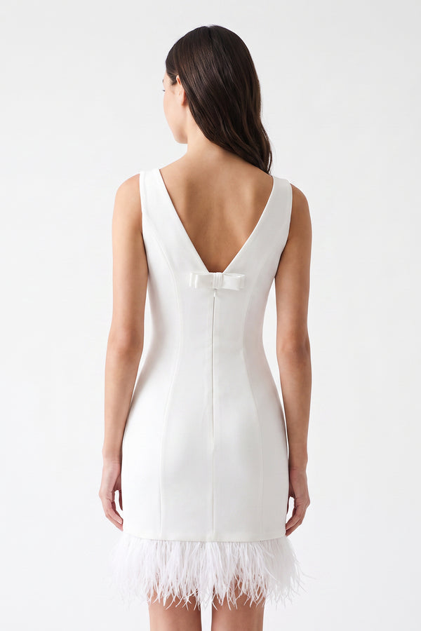 White Boat Neck Mini Graduation Dress With Feather - KissProm