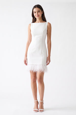 White Boat Neck Mini Graduation Dress With Feather - KissProm