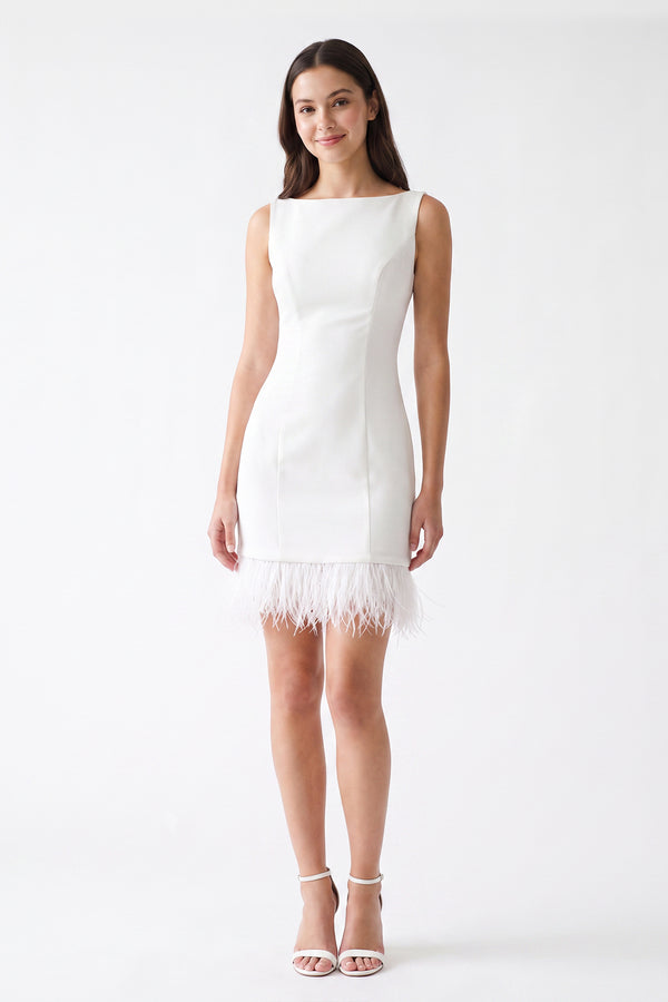 White Boat Neck Mini Graduation Dress With Feather - KissProm