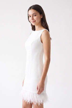White Boat Neck Mini Graduation Dress With Feather - KissProm