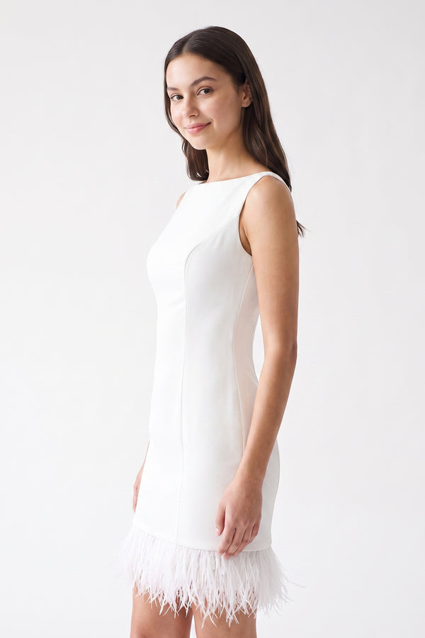 White Boat Neck Mini Graduation Dress With Feather - KissProm