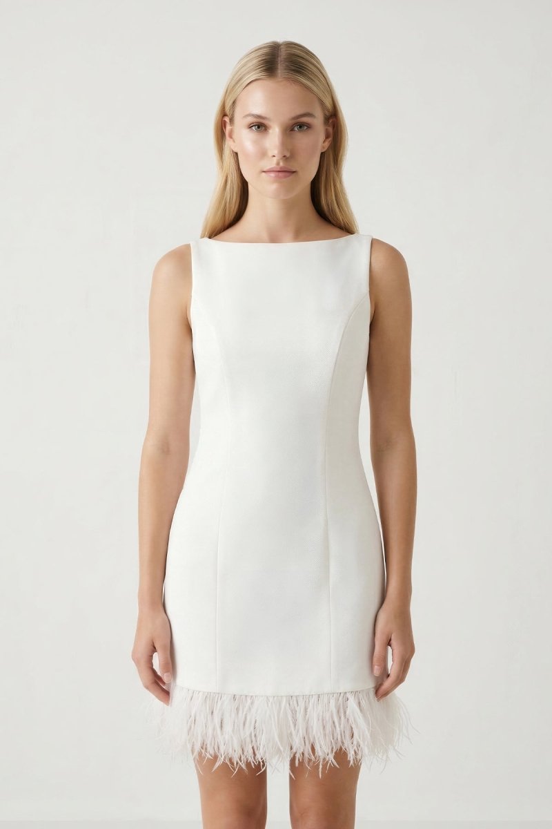 White Boat Neck Mini Graduation Dress With Feather White Boat Neck Mini Graduation Dress With Feather