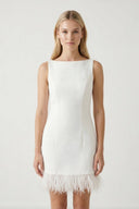 White Boat Neck Mini Graduation Dress With Feather - KissProm