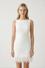 White Boat Neck Mini Graduation Dress With Feather - KissProm