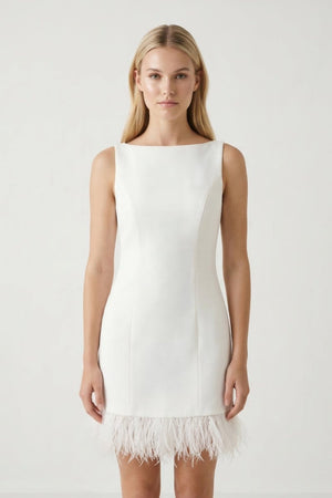White Boat Neck Mini Graduation Dress With Feather - KissProm