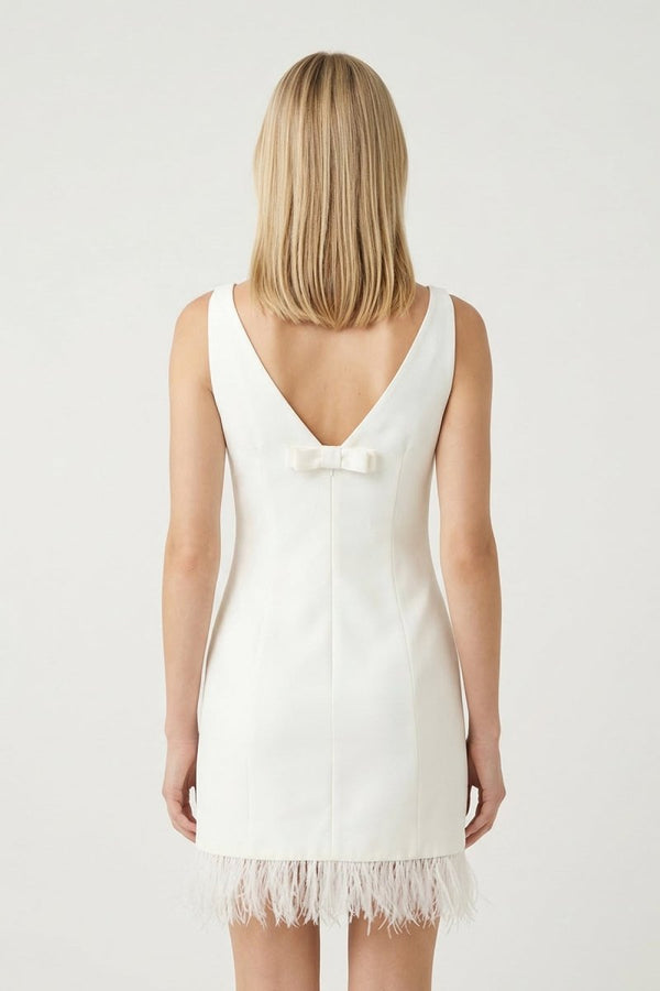 White Boat Neck Mini Graduation Dress With Feather - KissProm