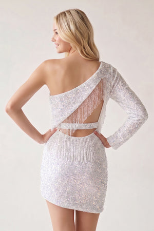 White Bodycon One Shoulder Tassel Back Mini Homecoming Dresses -KISSPROM