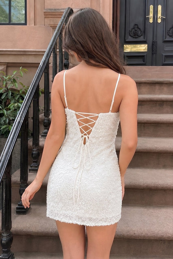 White Bodycon Spaghetti Straps Mini Party Dress With Sequins (2) | KISSPROM