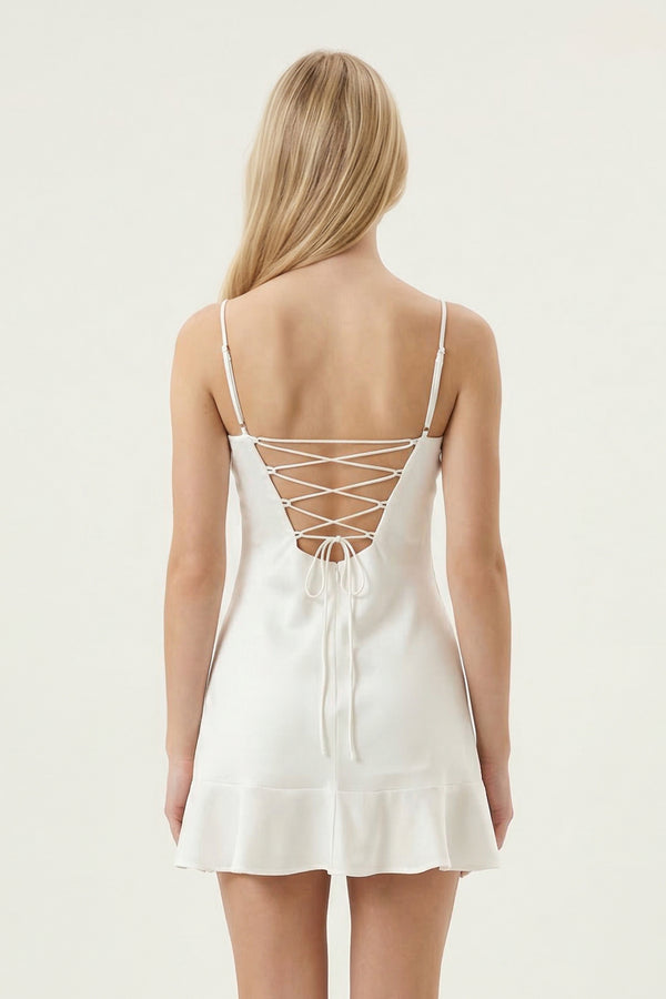 White Cami Strap Jersey Ruffled Mini Graduation Dress - KISSPROM