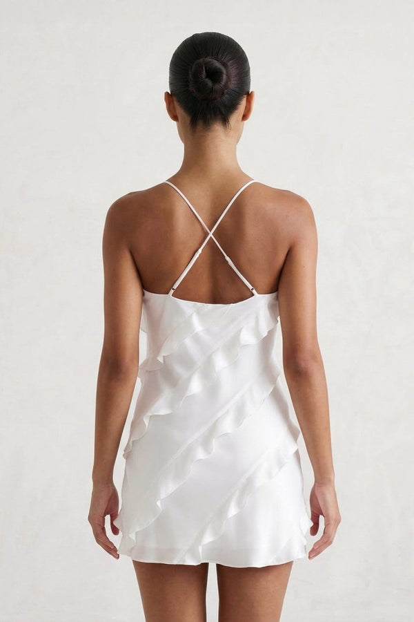 White Chiffon Ruffle Tiered Mini Graduation Dress - KissProm