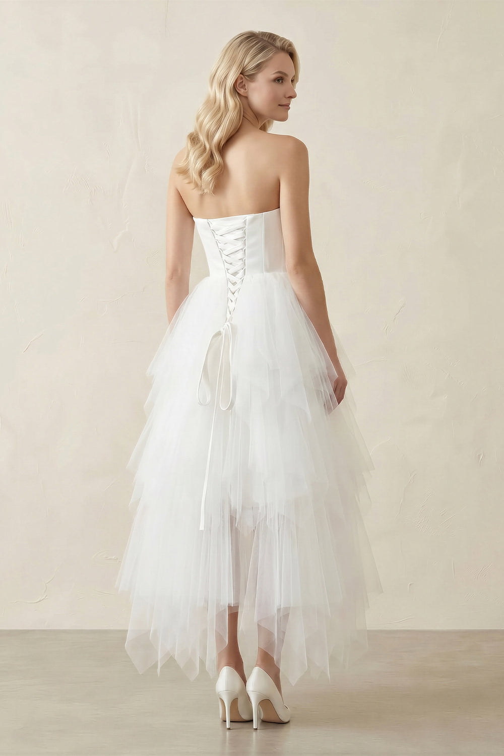 White Classic Strapless Satin High Low Wedding Dress – Wedding Dresses by KissProm | Available at KissProm