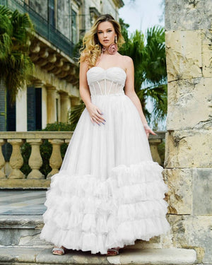 KissProm-White  A-line Corset Strapless Tulle Prom Dress with Ruffles
