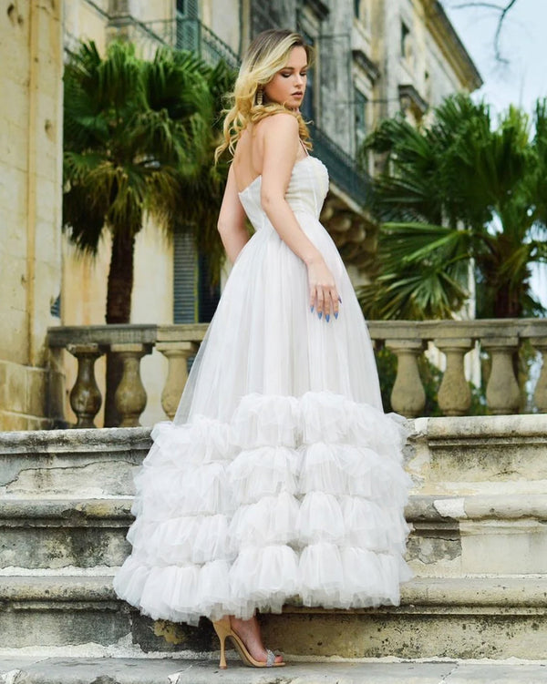 KissProm-White  A-line Corset Strapless Tulle Prom Dress with Ruffles