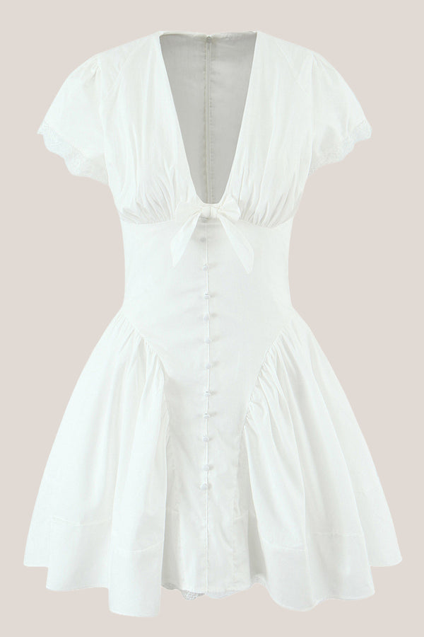 White Cotton A-Line V-Neck Mini Dress – Dress by KissProm | Available at KissProm