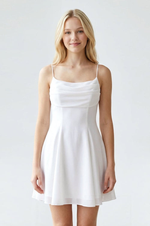 white cowl back dress White Cowl Neck A-Line Graduation Dress With Back Bow, White / 12