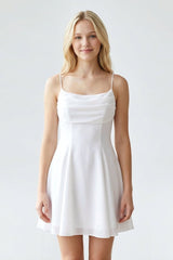 White Cowl Neck A - Line Graduation Dress With Back Bow - KissProm