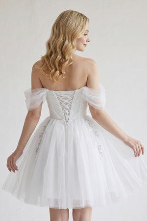 White Fairy-tale Tulle Beaded Off-the-Shoulder Lace-Up Back A-Line Party Dress | KISSPROM