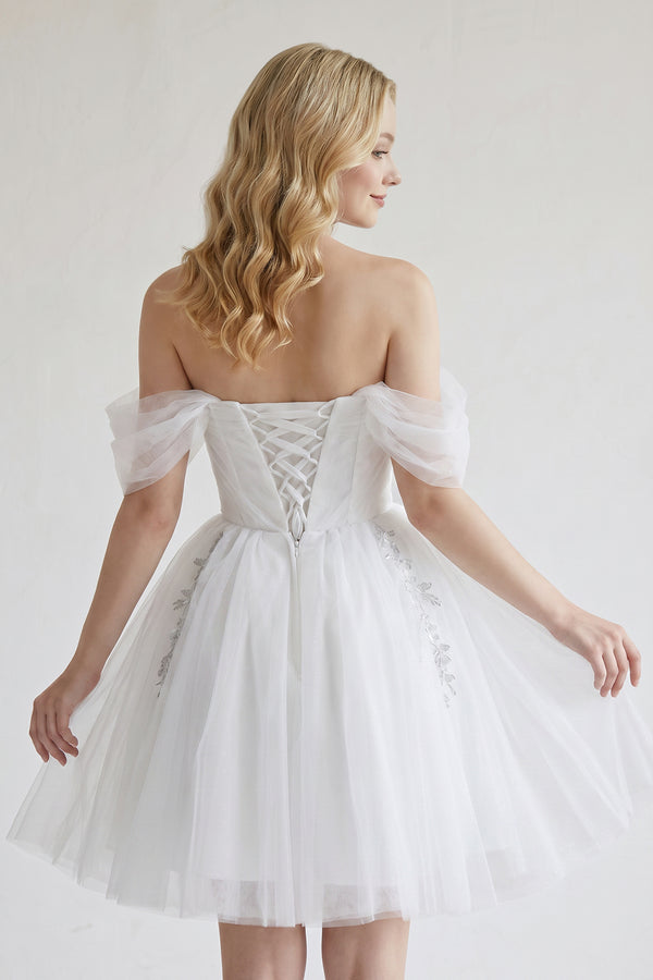 White Fairy-tale Tulle Beaded Off-the-Shoulder Lace-Up Back A-Line Party Dress | KISSPROM