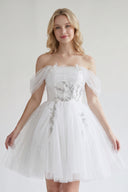 White Fairy-tale Tulle Beaded Off-the-Shoulder Lace-Up Back A-Line Party Dress | KISSPROM