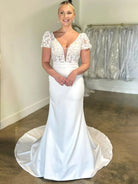 White Floral Applique Plunge V Long Wedding Dress with Short Sleeves - KissProm