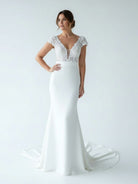 White Floral Applique Plunge V Long Wedding Dress with Short Sleeves - KissProm