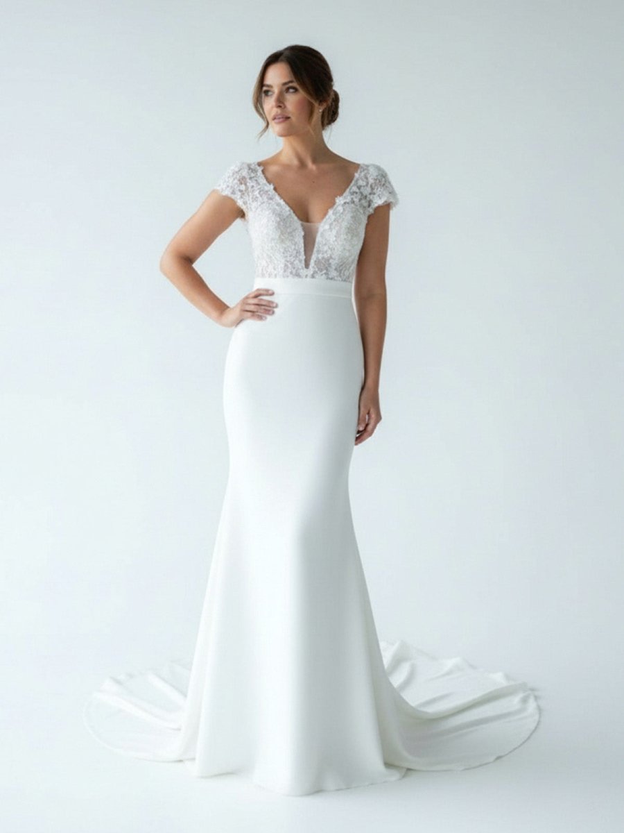 White Floral Applique Plunge V Long Wedding Dress with Short Sleeves - KissProm