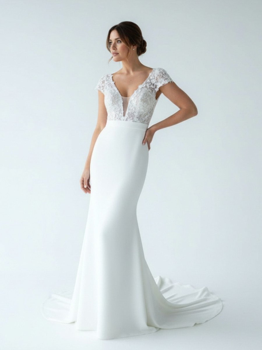 White Floral Applique Plunge V Long Wedding Dress with Short Sleeves - KissProm