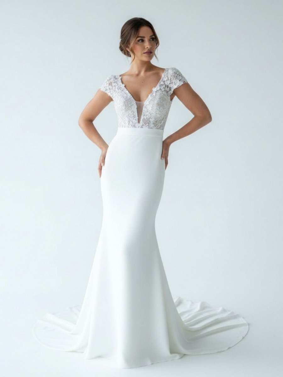 White Floral Applique Plunge V Long Wedding Dress with Short Sleeves - KissProm