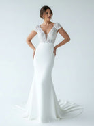 White Floral Applique Plunge V Long Wedding Dress with Short Sleeves - KissProm