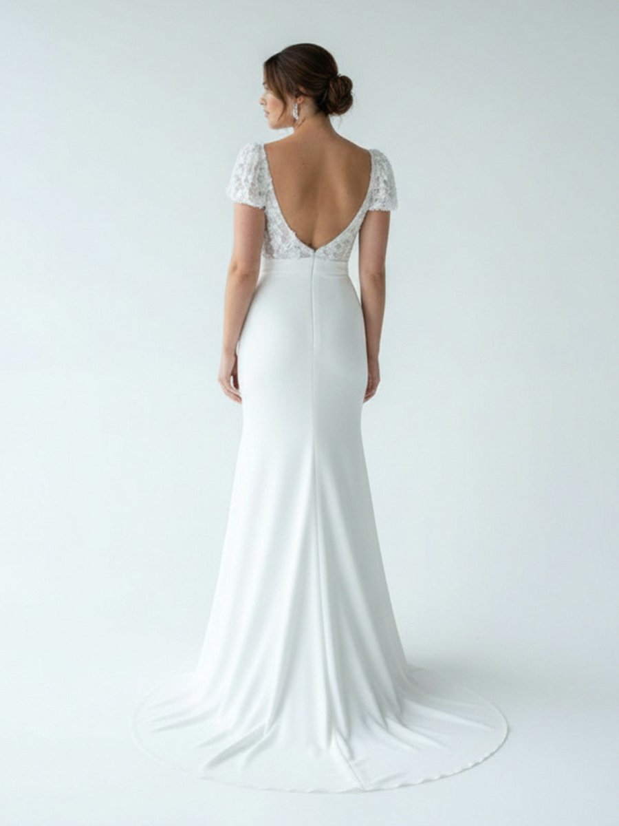 White Floral Applique Plunge V Long Wedding Dress with Short Sleeves - KissProm