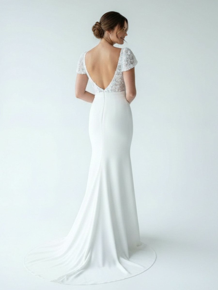 White Floral Applique Plunge V Long Wedding Dress with Short Sleeves - KissProm