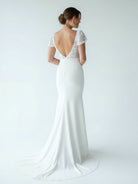 White Floral Applique Plunge V Long Wedding Dress with Short Sleeves - KissProm