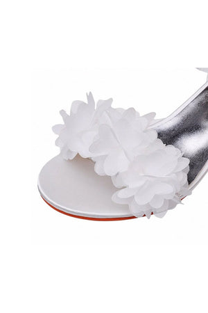 White Floral Satin Open Toe Low Chunky Heels - KissProm