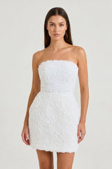 White Floral Strapless Sheath Graduation Dress - KissProm