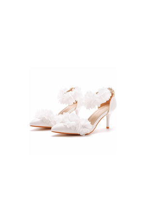 White Flowers Pointed Toe Ankle Strap High Heels - KissProm