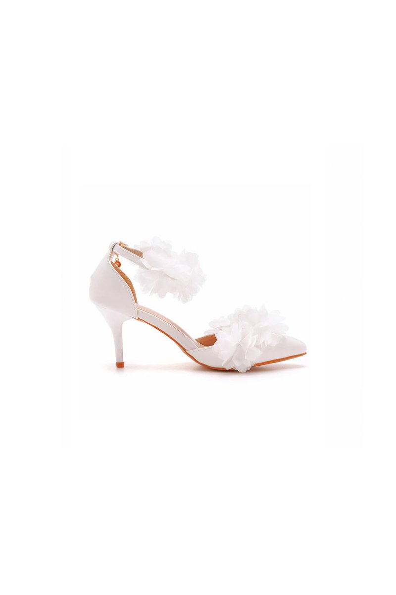 White Flowers Pointed Toe Ankle Strap High Heels - KissProm