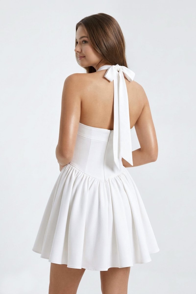 White Halter A - Line Ruched Graduation Dress - KissProm