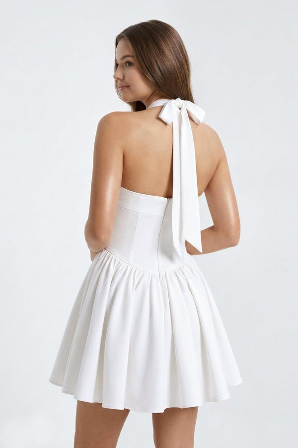 White Halter A - Line Ruched Graduation Dress - KissProm