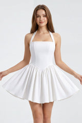 White Halter A - Line Ruched Graduation Dress - KissProm