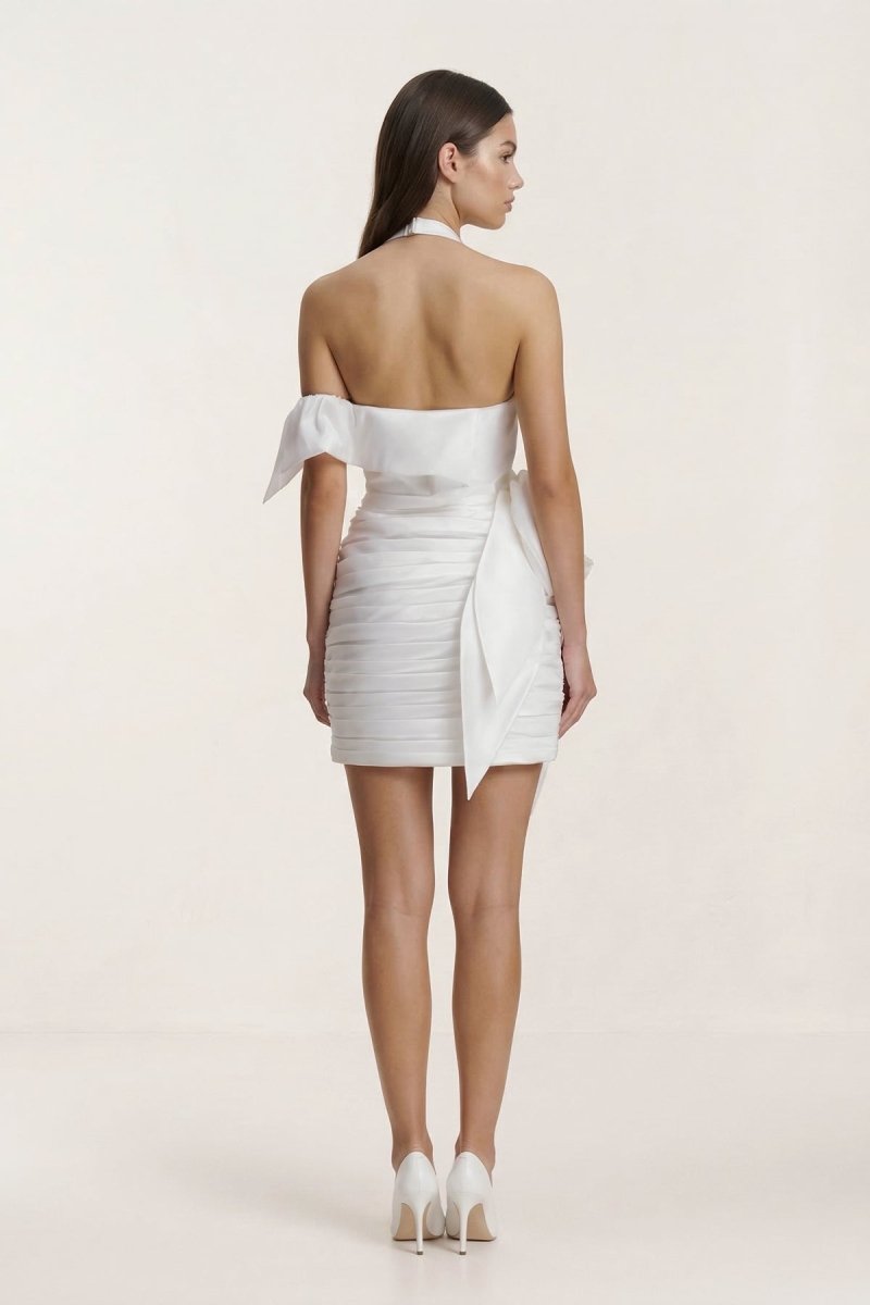 KissProm White Halter Satin Sheath Mini Graduation Dress With Bow, White / 00