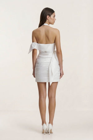 White Halter Satin Sheath Mini Graduation Dress With Bow White / 00