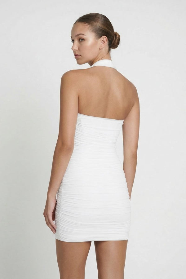 KissProm White Halter Sheath Pleated Mini Graduation Dress, White / 00