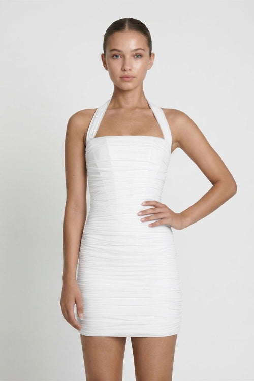 KissProm White Halter Sheath Pleated Mini Graduation Dress, White / 00