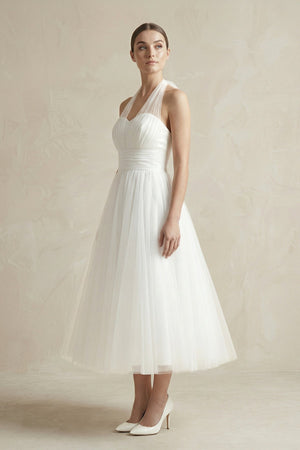 White Halter Tulle A - Line Midi Wedding Dress - KissProm Wedding Dresses