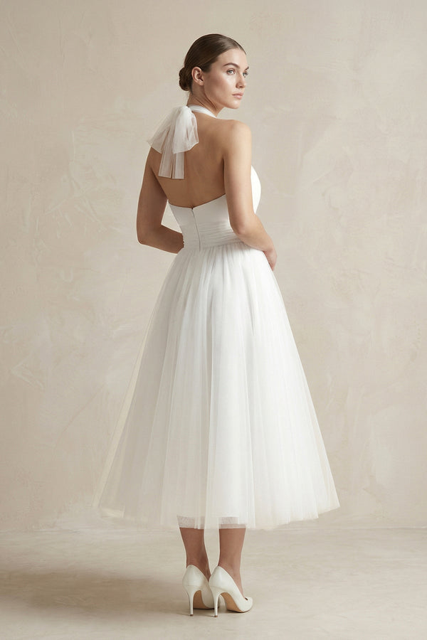 White Halter Tulle A - Line Midi Wedding Dress - KissProm Wedding Dresses