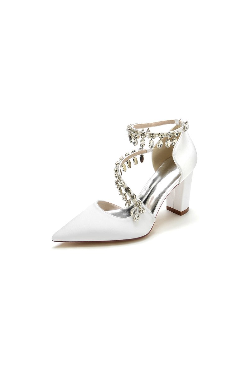White High Heels with Chain and Crystal Accent - KissProm
